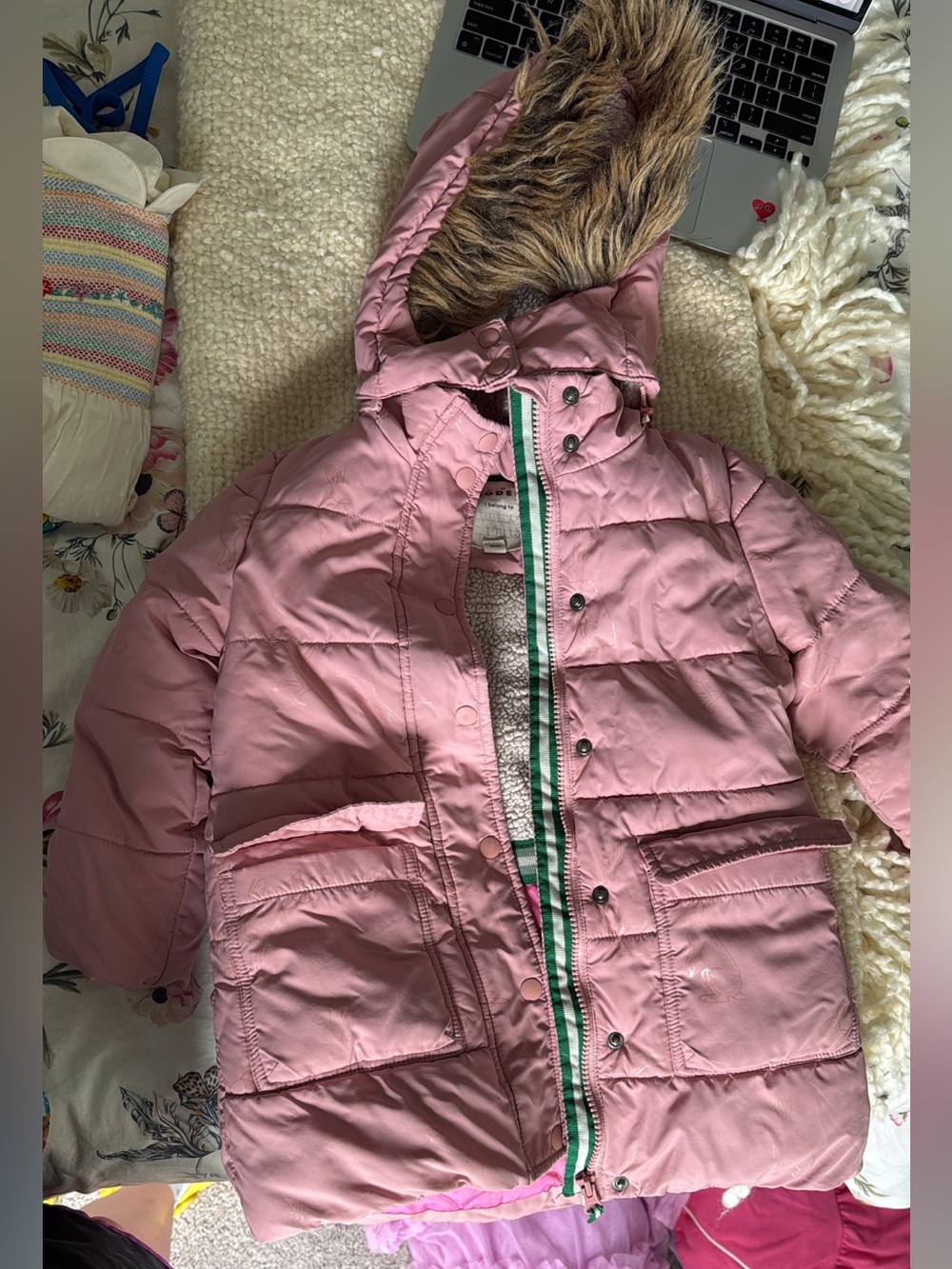 3/4 mini Boden Girls Pink Puffer Coat with Faux Fur Hood